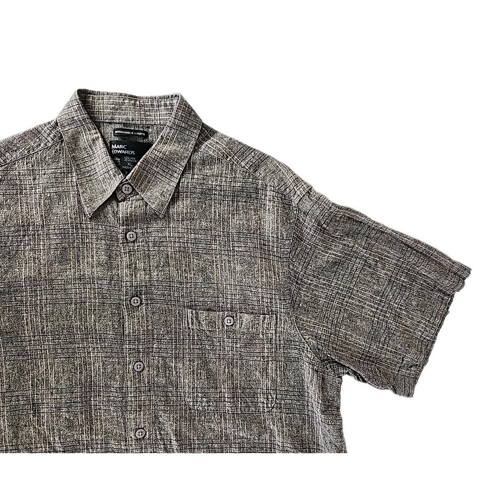Marc Edwards Men's XL Washable Linen Rayon Blend Shirt Gray Grid Pattern S/S EUC